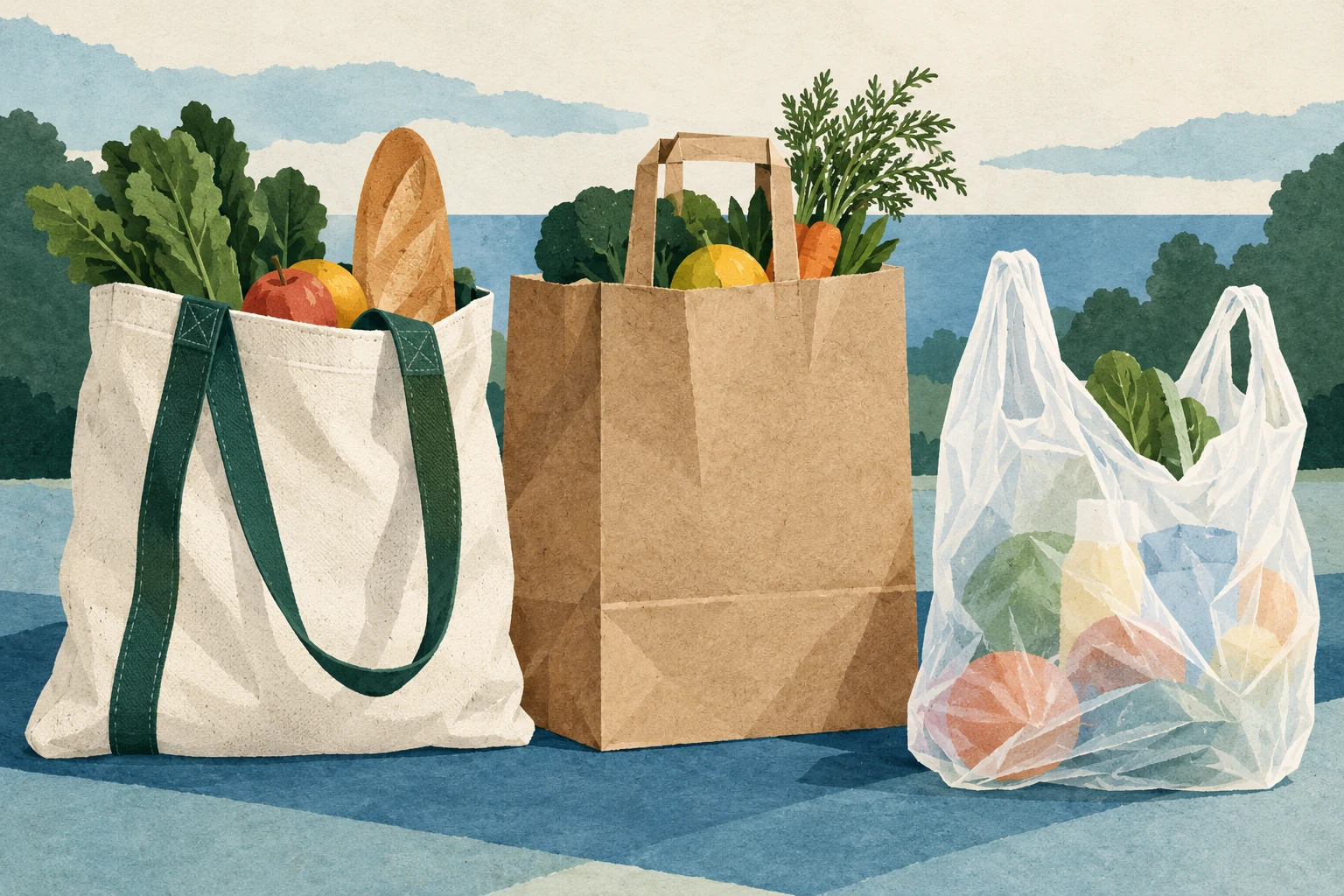 Conceptual illustration of reusable, paper and plastic grocery bags.