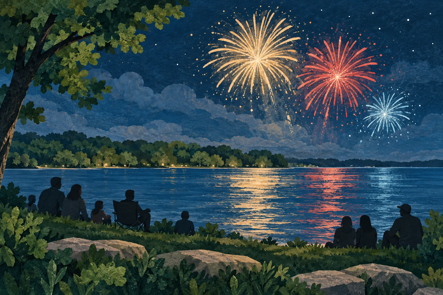 Conceptual editorial illustration of fireworks over a lake as residents gather on shore; not a photograph of a city event.
