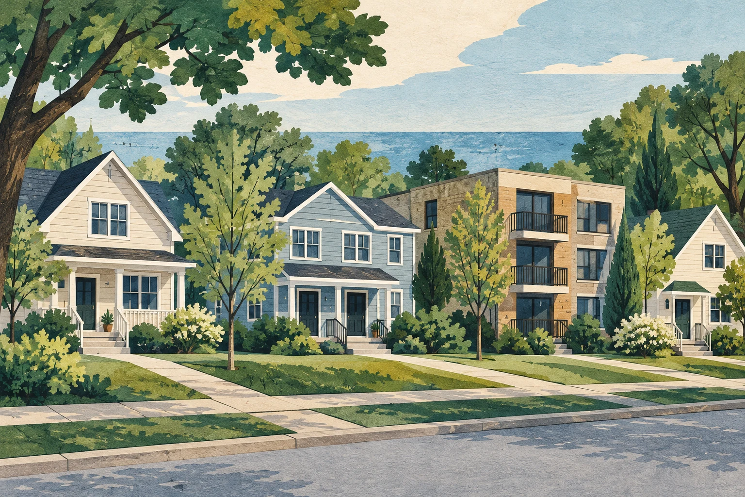 Conceptual illustration of different housing types along a tree-lined street.