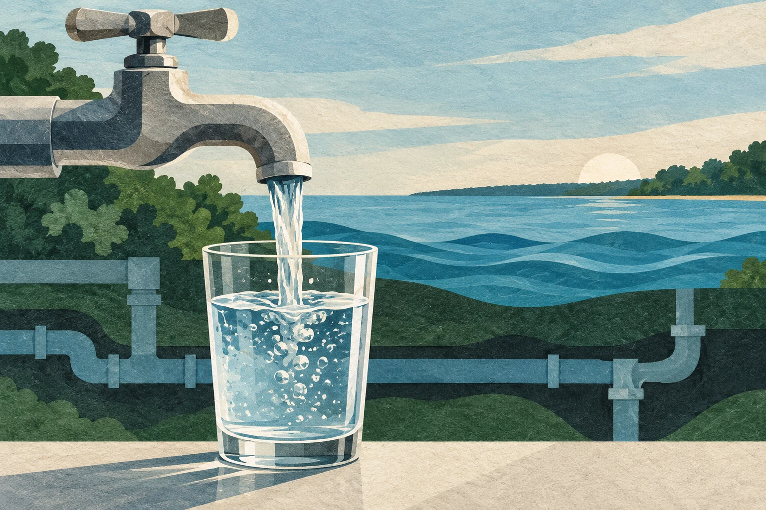 Conceptual illustration of a faucet, glass of water, lake and water pipes.